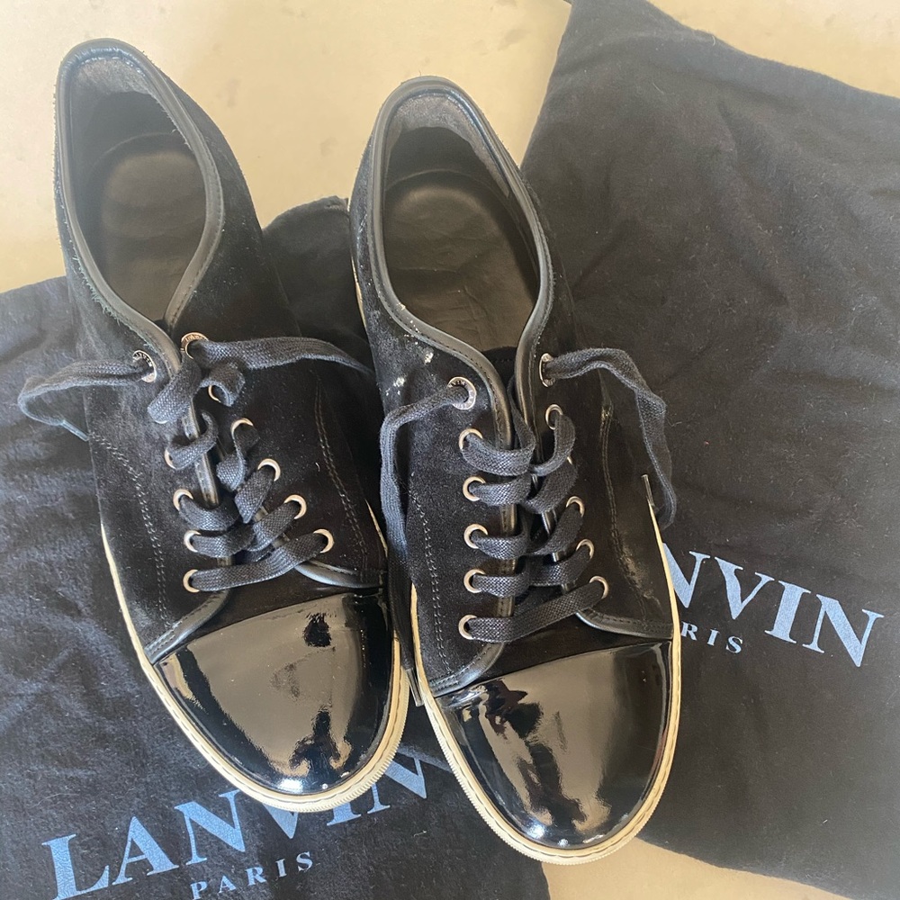 Black Lanvin Suede Sneakers with Patent Cap Toe